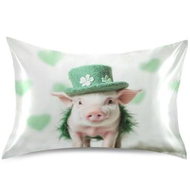 Imagem de Cute Piglet Love Capa de almofada de cetim verde King Queen Padrão Estética Cooling Pillow Slips Presentes Decoração de cama, tamanho Queen, 76 cm x 50 cm