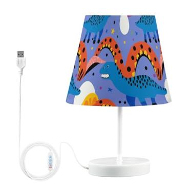 Imagem de Joisal Abajur de mesa com padrão de dinossauro em fundo roxo para quarto com abajur de linho para mesa de cabeceira, luminária aconchegante, decoração moderna de quarto