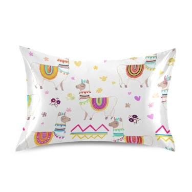Imagem de Lhamas brincalhões adornados coloridos King Queen padrão fronhas de cetim impressão refrescante travesseiro sonolento capa king size 101,6 cm x 50,8 cm