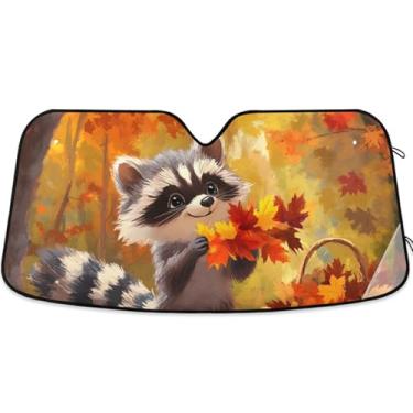 Imagem de Guarda-sol personalizado fofo guaxinim outono floresta para para-brisa de carro universal dobrável para-brisa frontal impressão animal automotivo M, 139,7 cm x 70,1 cm