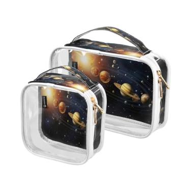 Imagem de GAIGEO Conjunto de 2 peças de bolsa de maquiagem Day of the Dead com desenho animado de gatos esqueleto, bolsas transparentes para viagem, bolsa de higiene masculina transparente, pacote com 2, Galaxy