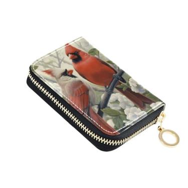 Imagem de Carteira feminina com porta-cartões com bloqueio de RFID, pequena bolsa de moedas de couro com zíper, flor de pássaro vermelha