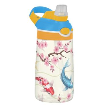 Imagem de Garrafa de água infantil de 473 ml com tampa de canudo à prova de vazamento, garrafa de água esportiva para escola, portátil, 473 ml, copos de viagem para crianças, alça de transporte, peixes