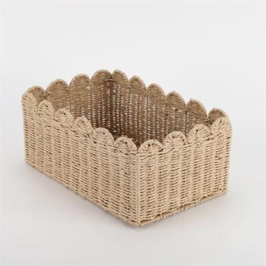 Imagem de Cestas de armazenamento decorativas de borda recortada – cestas de corda de papel com borda recortada à mão para organizar – Design natural para prateleiras – Ideal para organização doméstica (35 x 21