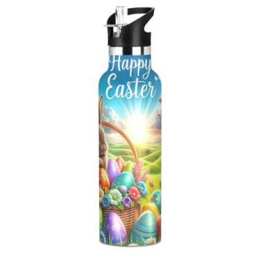 Imagem de Joisal Garrafa de água de ovos coloridos de coelho de Páscoa com tampa de palha, garrafas de água de aço inoxidável isoladas para meninas e meninos, 590 ml, à prova de vazamento, livre de BPA, copos