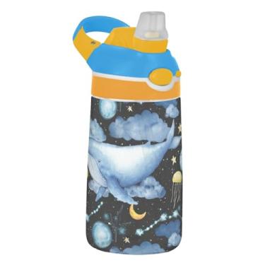 Imagem de Garrafa de água infantil Tritan de 473 ml com tampa de palha, à prova de vazamento, garrafa de água esportiva para escola, reutilizável de 473 ml, alça de transporte, baleias azuis aquarela, espaço
