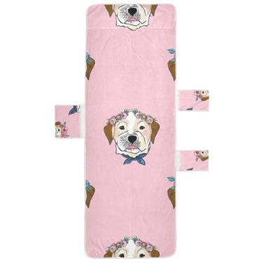 Imagem de Capa de cadeira de espreguiçadeira rosa com rostos de cachorro fofos, toalhas de praia de piscina com bolsos, grande espreguiçadeira de praia 215 x 76 cm