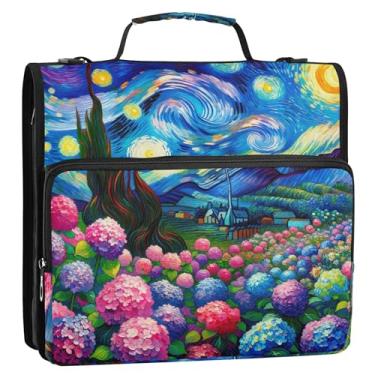 Imagem de Documento 3 fichários de 3,8 cm anel D noite estrelada hortênsia flores zíper organizador de fichário vários bolsos grande pasta com alça para escola