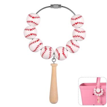 Imagem de Amuletos de bolsa de bola esportiva, berloques de bolsa de bola de madeira, acessórios decorativos para bolsa de beisebol com taco de beisebol para bolsa Bogg (beisebol branco)