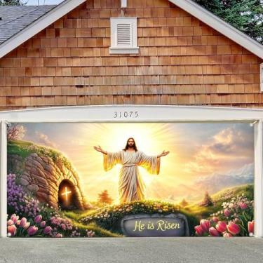 Imagem de Decoração de capa de porta de garagem cristã He is Risen, cruz de Jesus Cristo, buraco de pedra com luz sagrada, túmulo vazio, fundo de amigo de garagem, ressurreição de Jesus, igreja de Páscoa
