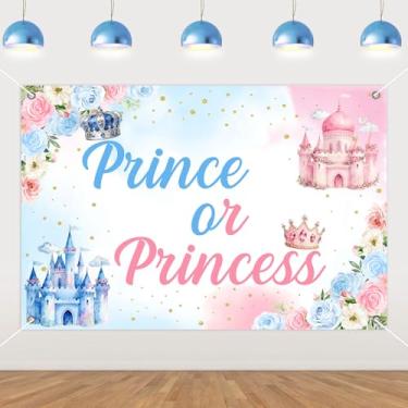 Imagem de Funmemoir Decorações reveladoras de gênero de príncipe ou princesa – 1,5 x 0,9 m, fundo de foto de poliéster rosa e azul para revelação de gênero de menino ou menina do castelo real