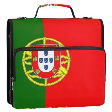 Imagem de Organizador de fichário com zíper, bandeira de Portugal, 3 argolas de 3 cm, bolsa escolar divertida com alça de ombro, portfólio e estojo para pasta de anel