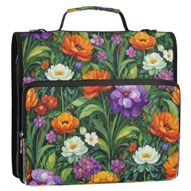 Imagem de Bolsa organizadora de fichário com zíper e flores florais vibrantes, 3 anéis, 3 cm, anel D, pasta com alça e alça de ombro para escola ou escritório