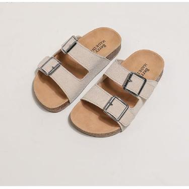 Imagem de Sandália infantil com fivela dupla, palmilha de cortiça, alça ajustável, confortável, casual, bico aberto para uso diário, Bege, 9 Toddler