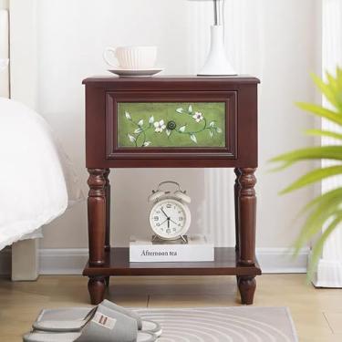 Imagem de Mesa de cabeceira de madeira maciça com gavetas, mesas de cabeceira de meados do século com prateleira de armazenamento aberta, mesa de canto para quarto, alça de metal, mesa lateral rústica (tamanho