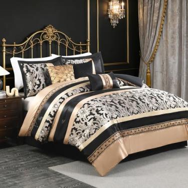 Imagem de SahSahCasa Conjunto de edredom King de luxo de 7 peças, preto e dourado, fofo, jacquard sedoso, com saia para cama, travesseiros decorativos, cama em uma bolsa, king, elegante, reversível, alternativo