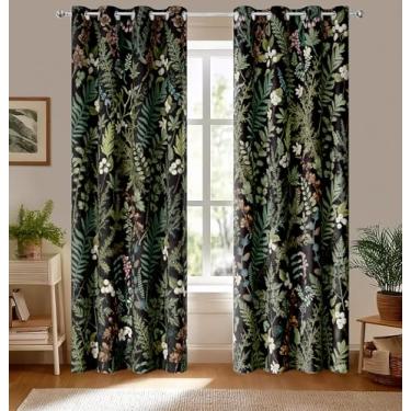 Imagem de Emwnodti Cortinas blackout de folhas florais pretas retrô, cortinas de janela com flores botânicas vintage, decoração de sala de estar, quarto, 2 painéis 132 x 213 cm