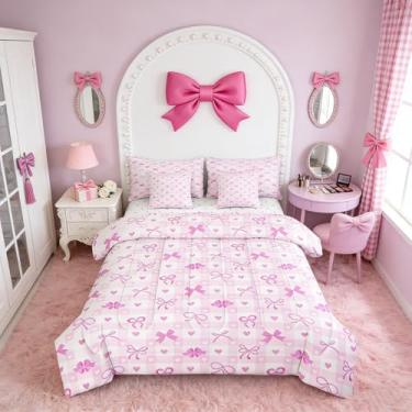 Imagem de Erosebridal Jogo de cama casal com laço rosa choque fofo com nó rosa choque, 7 peças, estilo princesa doce, lençol com elástico e lençol de cima