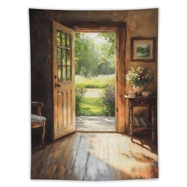Imagem de Tapeçaria de porta aberta com vista de jardim, piso iluminado, móveis de madeira, estante de livros, cena, pintura a óleo, decoração de parede aconchegante para sala de estar, quarto, ambiente quente