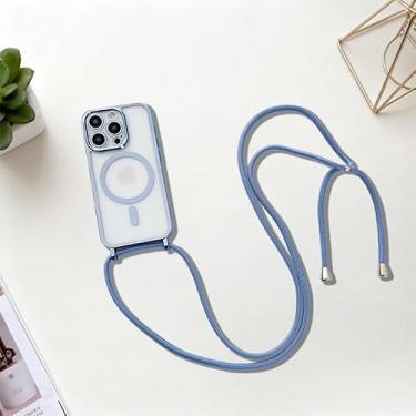 Imagem de Capa de telefone magnética para iPhone 16 Pro Max com cordão, capas protetoras de telefone fosco translúcido, capa anti-impressão digital, azul