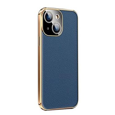 Imagem de ZEDEVB Capa para iPhone 14/14 Plus/14 Pro/14 Pro Max, capa de telefone de couro genuíno de primeira camada de cor sólida, capa traseira respirável resistente a arranhões à prova de choque (cor: azul, tamanho: 14 Pro Max 6,7 polegadas)
