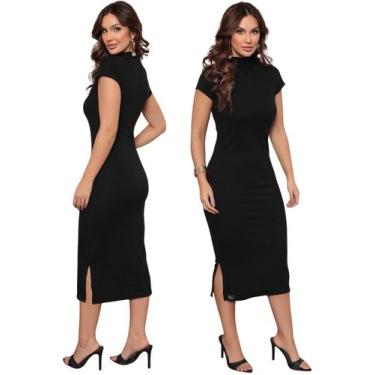 Imagem de Vestido Feminino Manga Curta Canelado Fenda Lateral - Ewg Jeans, Preto