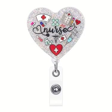 Imagem de Carretel de crachá de enfermeira de coração engraçado de amor fofo com clipe jacaré com glitter prata retrátil cartão de identificação dia dos namorados carretéis de crachá de coração para trabalhador