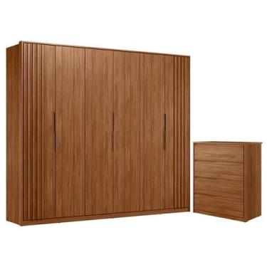 Imagem de Cômoda Atria 4 Gavetas e Guarda Roupa Casal Ripado Atrice Nogueira Tou