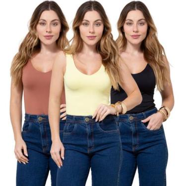 Imagem de Kit 3 Regatas Feminina Decote V em Poliamida - Maranne, Kit33, M