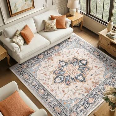 Imagem de RELEANY Tapetes quadrados de 1,8 m, lavável, antiderrapante, floral, vintage, estampado, medalhão para sala de estar, quarto, sala de jantar, bege, azul marinho, laranja, colorido