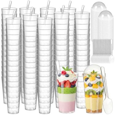 Imagem de Budiwati Pacote com 200 mini copos de sobremesa de plástico transparente de 85 g com tampas e colheres - Copos atiradores de gelatina, parfait e pudim para festa de degustação, bufê, casamento