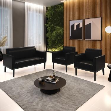 Imagem de Sofá Namoradeira com 2 Poltronas Base de Madeira Fixa Preto Marisa Corano Preto