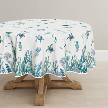 Imagem de Horaldaily Toalha de mesa redonda de verão 228 cm × 236 cm, tartaruga marinha, alga marinha, água-viva, azul, lavável, para decoração de festa, piquenique, jantar