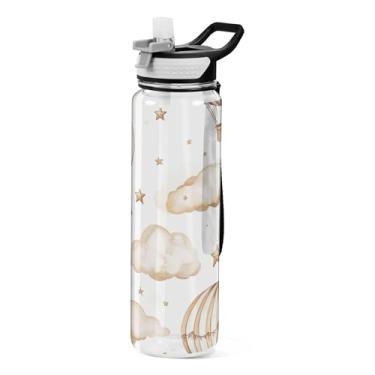 Imagem de xigua Balões de ar quente aquarela, garrafa de água com tampa de palha, garrafas de água transparentes à prova de vazamentos para esportes ao ar livre, beber fitness, treino, viagem, 940 ml