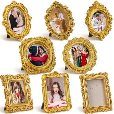 Imagem de Qunclay Conjunto de 8 porta-retratos vintage, dourado, porta-retratos pequenos, tamanho carteira, barroco, resina antiga, decoração para festa de Natal, mesa, decoração de casamento (estilo misto 2)