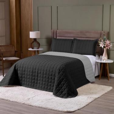 Imagem de Kit Cobre Leito Casal 3 Peças Londres Dupla Face Matelado 600 Fios Luxo Premium Toque Macio Acabamento Fino com Porta Travesseiros Cama Casal Quarto (Preto/Cinza)