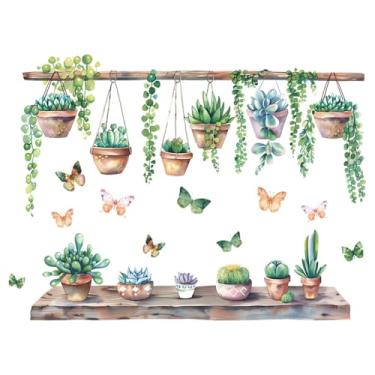 Imagem de Achang Adesivos de parede de plantas moldura de madeira verde planta vaso borboleta adesivo de parede descascar e colar para sala de estar quarto TV parede decoração de sala de aula