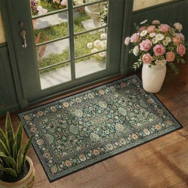 Imagem de Tapete de corredor verde escuro 2 x 4 tapetes boho pequenos laváveis tapetes para entrada, banheiro, cozinha, tapetes pequenos, macios de pilha baixa, antiderrapante, suporte de borracha, tapete de