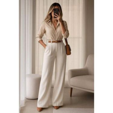 Imagem de Conjunto Elegância Executiva Calça Pantalona Camisa Social Listrada lo