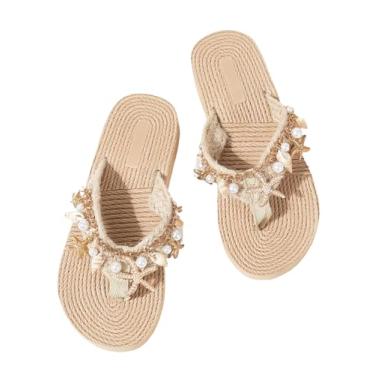 Imagem de MakeMeChic Sandália feminina com estampa de estrela do mar, verão, praia, bico aberto, boho, sandálias rasteiras, Damasco, 35