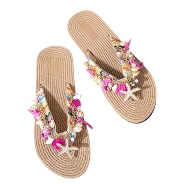 Imagem de MakeMeChic Sandália feminina com estampa de estrela do mar, verão, praia, bico aberto, boho, sandálias rasteiras, rosa, 36