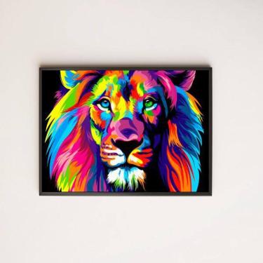 Imagem de Quadro Desenho Leão Multicolorido 24X18Cm Preto
