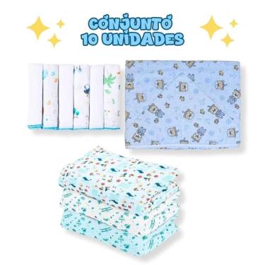 Imagem de Kit 10Pçs Bebê Azul Cueiro G+ Pano De Boca + Toalha De Banho