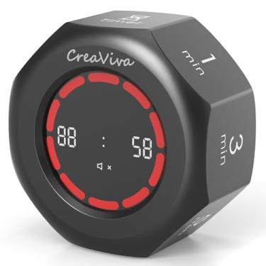 Imagem de CREAVIVA Temporizador Flip Cube Pomodoro - Cronômetro de contagem regressiva e contagem visual recarregável, 7 intervalos predefinidos, 3 modos de alarme, ferramenta de produtividade para TDAH