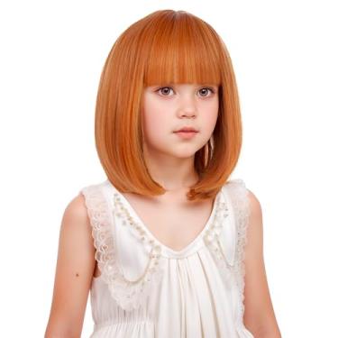 Imagem de Edivd Peruca infantil laranja bob meninas curto gengibre liso peruca infantil laranja escuro bob perucas com franja resistente ao calor cabelo sintético com touca
