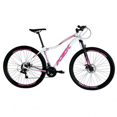 Imagem de Bicicleta Aro 29 Ksx Sd7 Feminina 21v Cabos Internos Alumínio Freios A Disco Garfo Suspensão Branco Rosa Tamanho 15