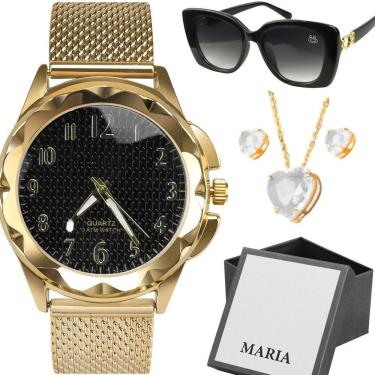 Imagem de Relogio Feminino Dourado + Proteção Uv Oculos Sol Moda Silicone Colar E Brincos Prova Dagua Presente