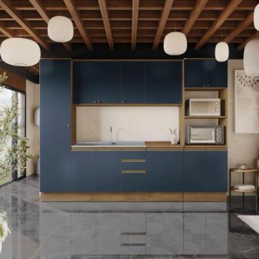 Imagem de Cozinha Modulada Celeste Kappesberg 100% MDF Nogueira/Azul 300cm