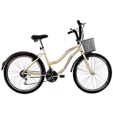 Imagem de Bicicleta Feminina 26 Beach Retrô Bege de 18 Velocidades com Aros duplos, Pneus Slik, Paralamas e Cesta Marrom - Dalannio Bike