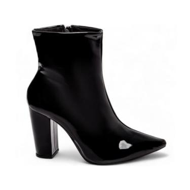 Imagem de Bota Cano Curto Feminina Salto Alto Grosso Brilho Prata Preto Torricel
